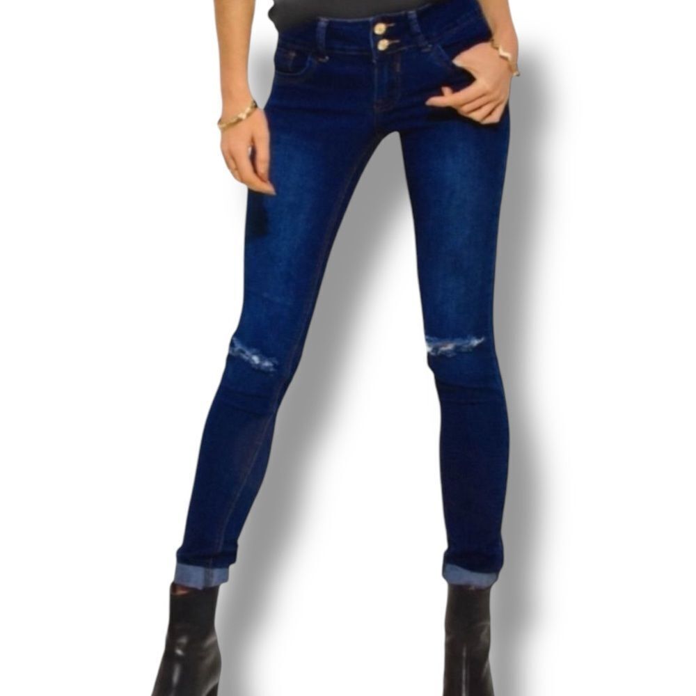 Mid Rise Dark Blue Denim Distressed Ripped Knees Skinny Jeans NEW